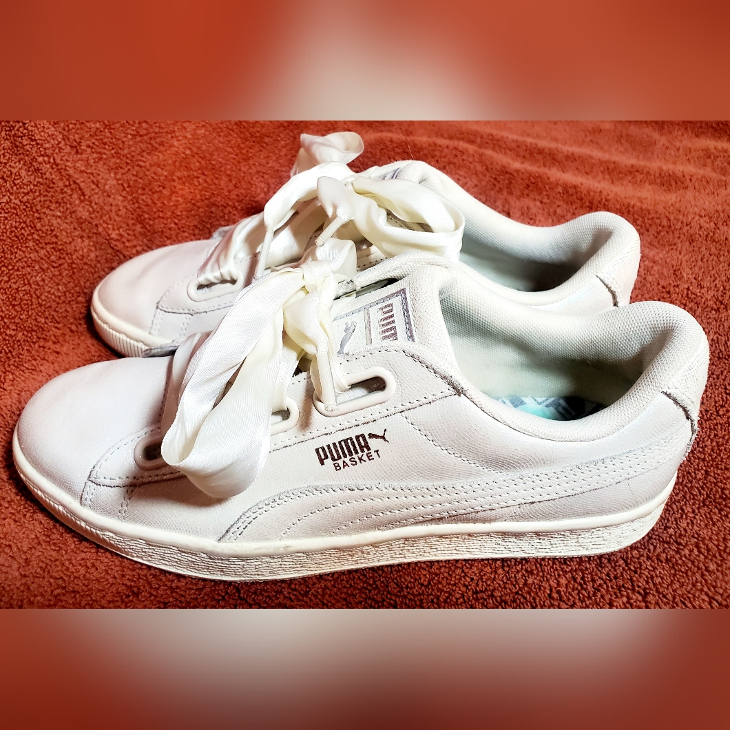 Puma Trainers Basket Heart Shimmer White Ribbon Lace Shoes